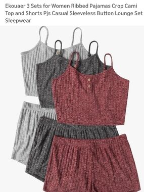 Ekouaer Women’s Ribbed Cami & Shorts Pajama Set - Burgundy, Charcoal, Light Gray